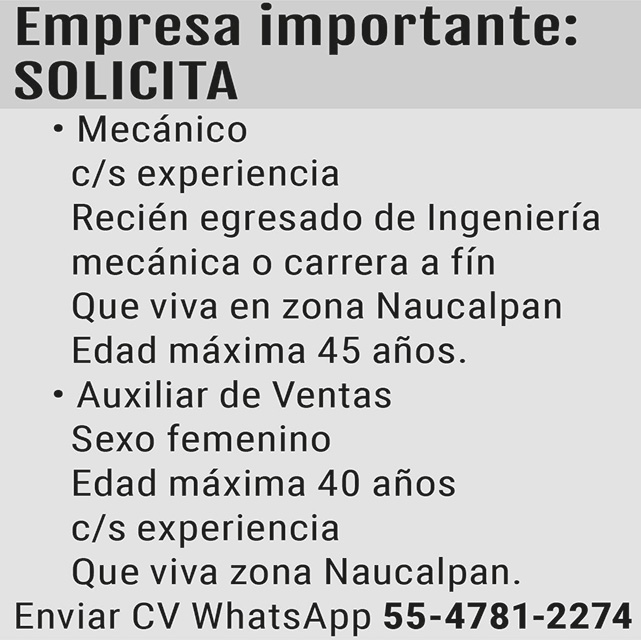 EMPRESA?IMPORTANTE: SOLICITAMECANICO?C/S EXPERIENCIA?RECIEN