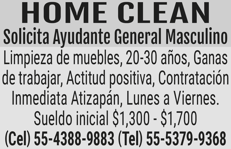 HOME?CLEANSOLICITA AYUDANTE GENERAL
